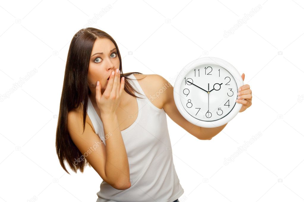 The girl with clock becomes surprised