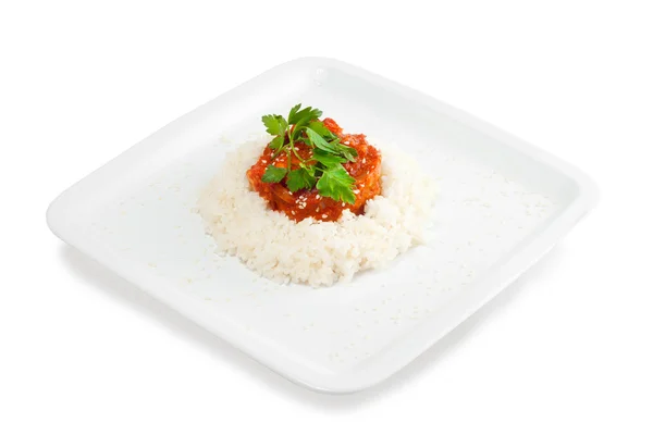 Rice with meat and vegetables with tomato sauce — Stock Photo, Image
