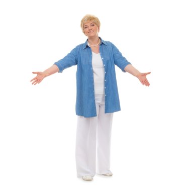Portrait of a smiling adult woman in a blue shirt welcomes clipart