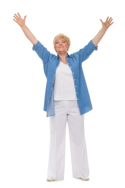Portrait of a smiling adult woman in a blue shirt welcomes — Stock Photo, Image