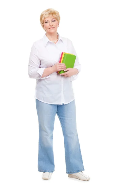 Senior woman with books isolated — Stock Photo, Image