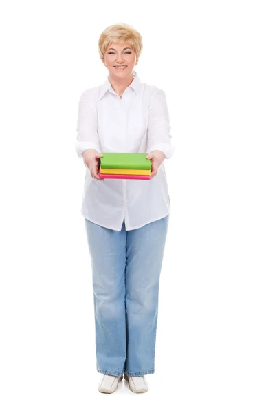 Senior woman with books isolated — Stock Photo, Image