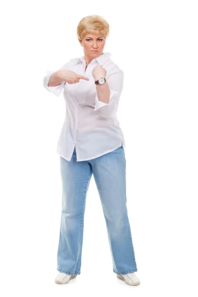 Senior woman shows the watch — Stock Photo, Image
