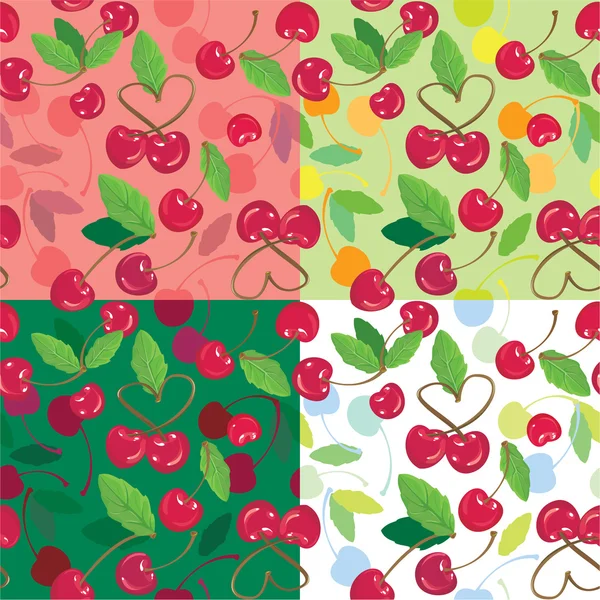 Red cherries with green leaves. A seamless background — Stock Vector