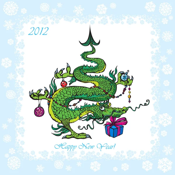 Postal de Año Nuevo con árbol de Navidad - símbolo 2012 divertido dragón — Archivo Imágenes Vectoriales