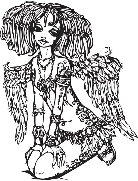 Menina anjo com tatuagem em seu corpo — Vetor de Stock