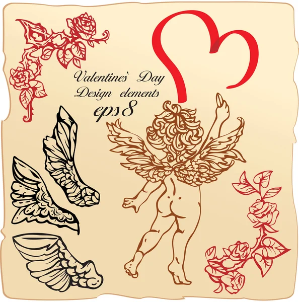 Set of vintage elements and vignettes for Valentine`s Day greeting — Stock Vector