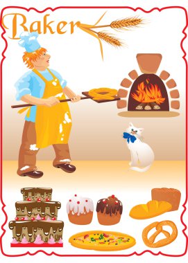 Young red haired baker with white cat next to fire place clipart