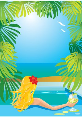 Border with girl in swimming pool with cocktail clipart