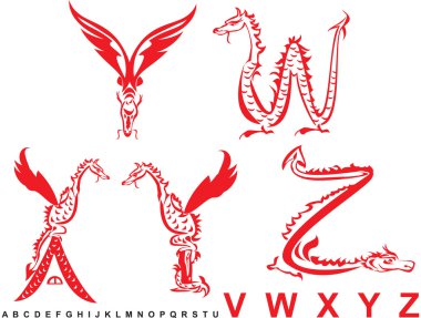 Series of dragons alphabet, letters VWXYZ, fantasy dragon font clipart