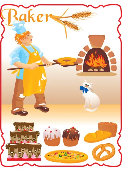 Молодий червоношерстий пекар з білим котом поруч з вогнем — стоковий вектор