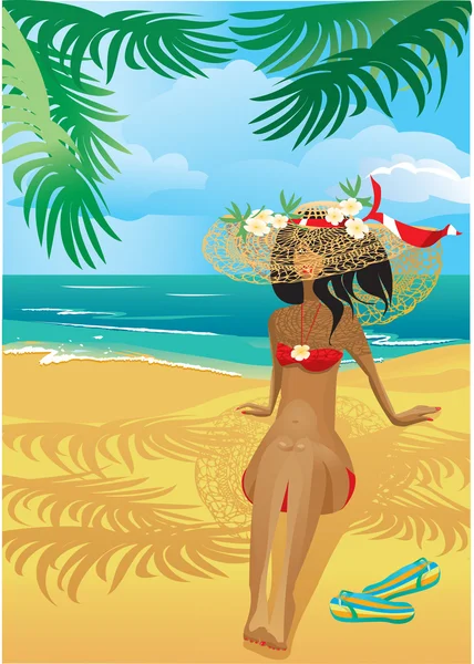 Fille sur une plage tropicale avec chapeau de paille — Image vectorielle
