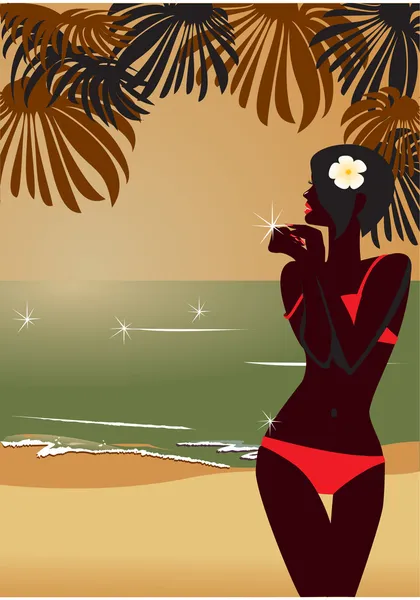 Girl`s silhouette on sunset tropic beach — Stock Vector