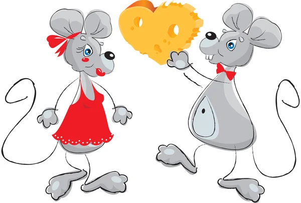 Dibujos animados de un ratón macho que le da un corazón a un ratón hembra — Vector de stock