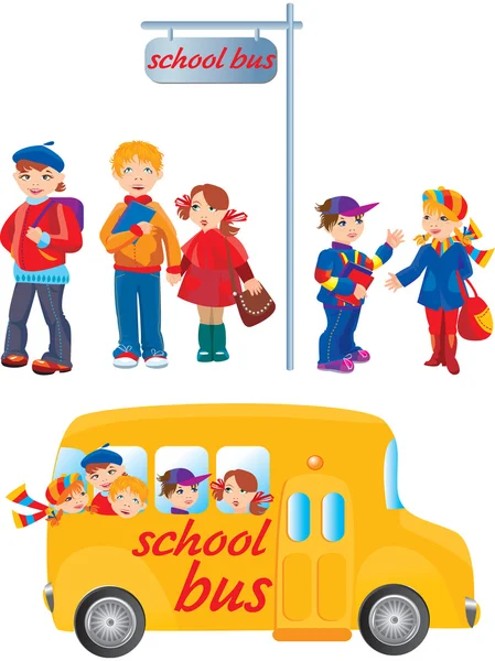 Τα παιδιά σχολείο σε στάση λεωφορείου και πηγαίνοντας στο σχολείο με το λεωφορείο — Διανυσματικό Αρχείο