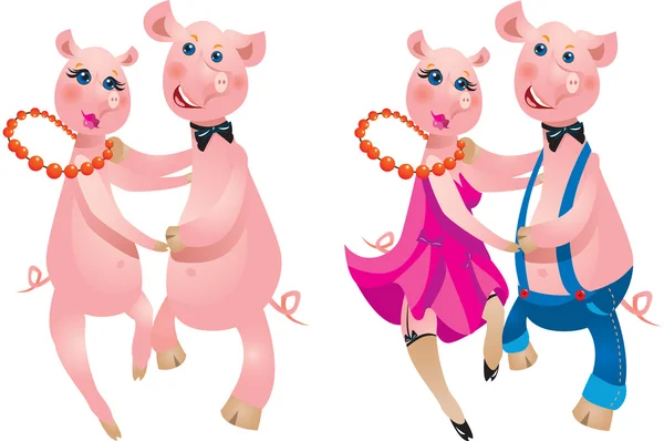 Szczęśliwy kreskówka kilka świń, taniec. — Wektor stockowy