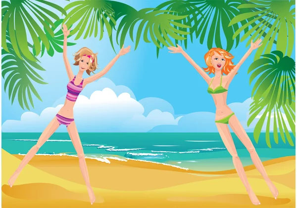 2 女童热带海滩上 — 图库矢量图片
