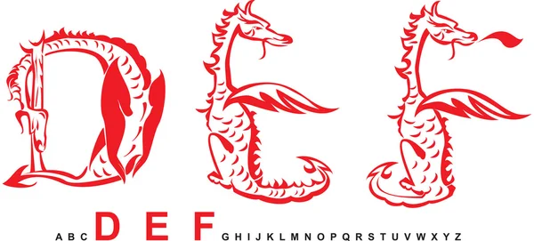 Serie di draghi alfabeto, lettere DEF, fantasy dragon font — Vettoriale Stock
