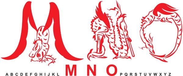 Serie di draghi alfabeto, lettere MNO, fantasia drago font — Vettoriale Stock