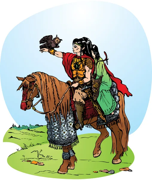 Illustration for fantasy fairy tale: 2 elfs riding on horse — Stock Vector