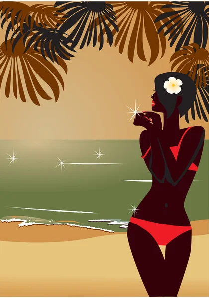 Silhouette ragazza sulla spiaggia tropicale tramonto — Vettoriale Stock
