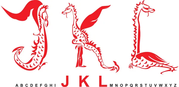Serie di alfabeto draghi, lettere JKL, carattere drago fantasia — Vettoriale Stock