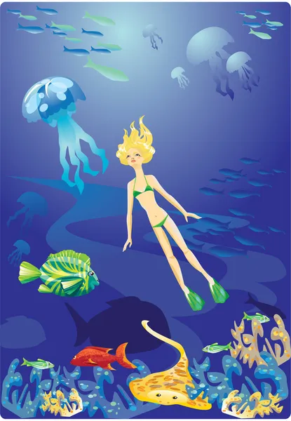 Καταδύσεις στην Ερυθρά θάλασσα - κορίτσι και ψάρια — Διανυσματικό Αρχείο