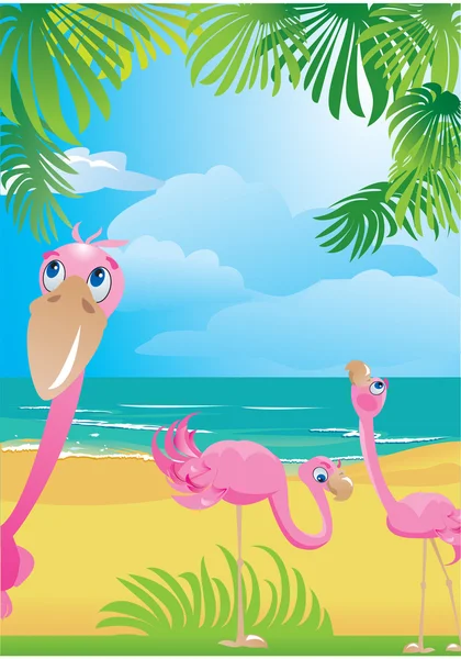 Portrait border with flamingos on beautiful tropical beach. — Stock Vector