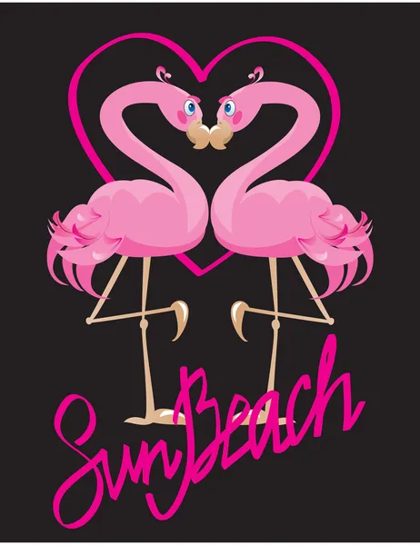 Couple of pink flamingos and heart (I love Sun Beach). — Stock Vector