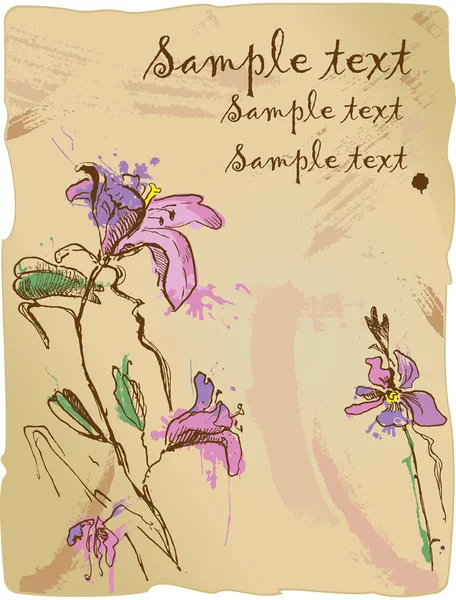 Aquarelle sketch of iris flowers on old parchment with empty space — Stock Vector