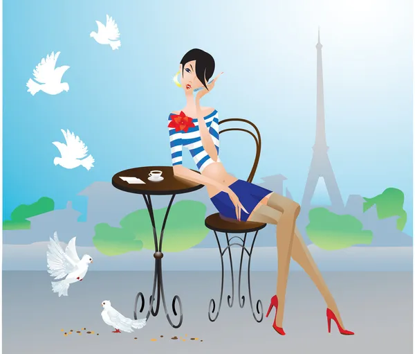 Girl in Paris street cafe — Stock Vector