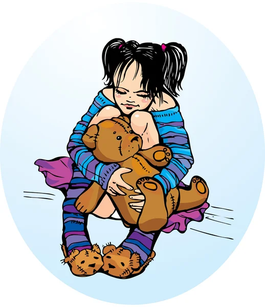 Schattig klein meisje kleden slippers funny met teddy bear — Stockvector
