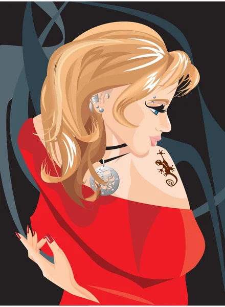 Όμορφη ξανθιά κοπέλα με σαύρα τατουάζ στον ώμο της — Διανυσματικό Αρχείο