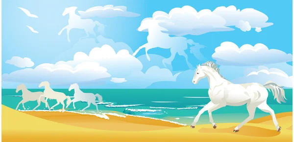 Paysage côté mer avec chevaux et nuages — Image vectorielle