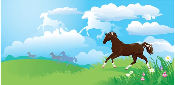 Paesaggio di campagna con cavalli e nuvole — Vettoriale Stock
