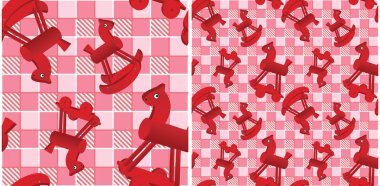 Seamless pattern with toys red horses on checked pink background clipart