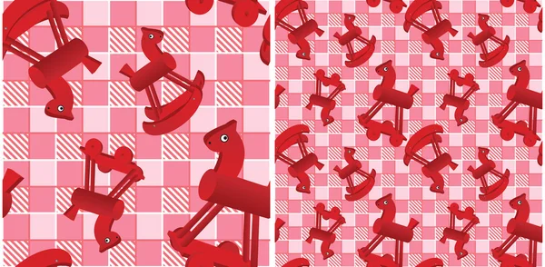 Patrón sin costuras con juguetes caballos rojos sobre fondo rosa comprobado — Vector de stock