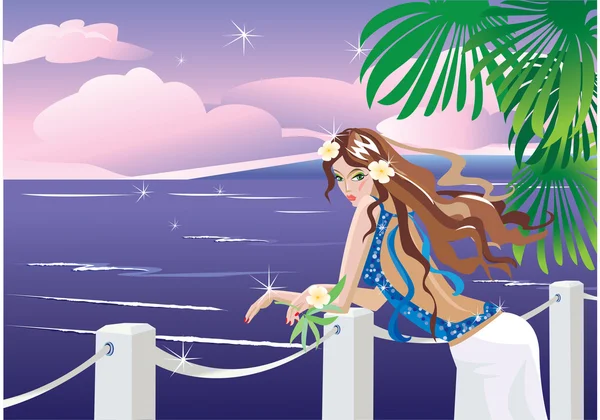 Dziewczyna na stronie morza tropikalny wyglądający zachód — Wektor stockowy