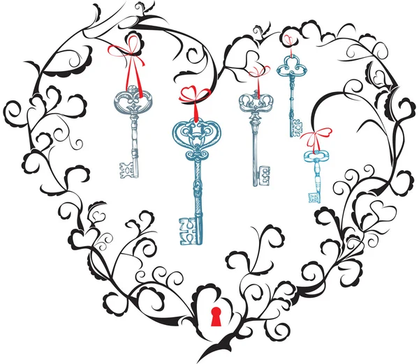 Koncept för alla hjärtans dag - hjärta, nyckelhål och nycklar. — Stock vektor