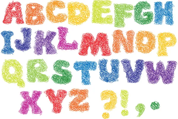 Skizze Alphabet - verschiedene Farben Buchstaben sind wie ein Kritzeln gemacht — Stockvektor
