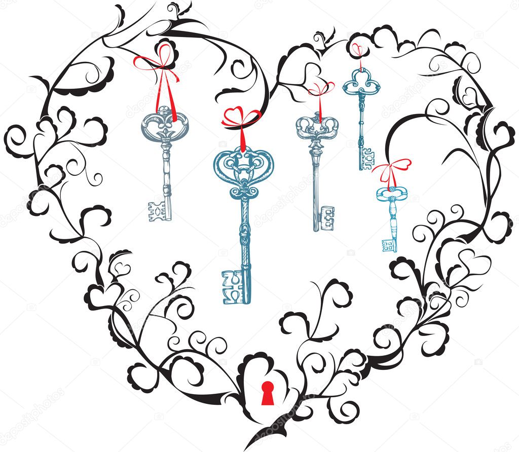 Concept for Valentine`s Day - heart, keyhole and keys.