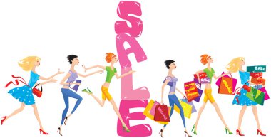 Sale cartoon with group of funny girls in shopping time clipart