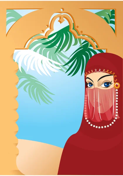 Güzel Arap kadın giyiyor Yaşmak. dikey kenarlık. — Stok Vektör