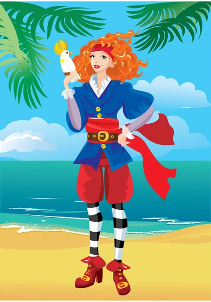 Μαλλιά κορίτσι πειρατής κόκκινο με τον παπαγάλο στην πανέμορφη τροπική παραλία — Διανυσματικό Αρχείο