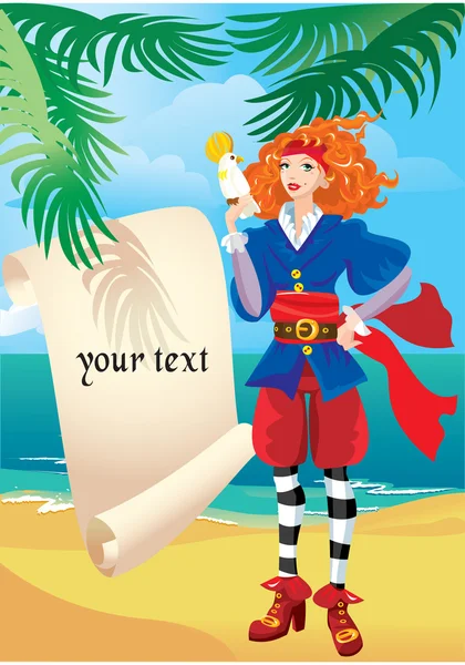 Pirat röda haired girl med papegoja på vackra tropiska stranden — Stock vektor