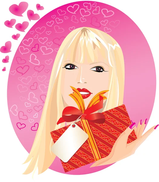 Blond girl portrait with little red gift box in her hand — Stock Vector