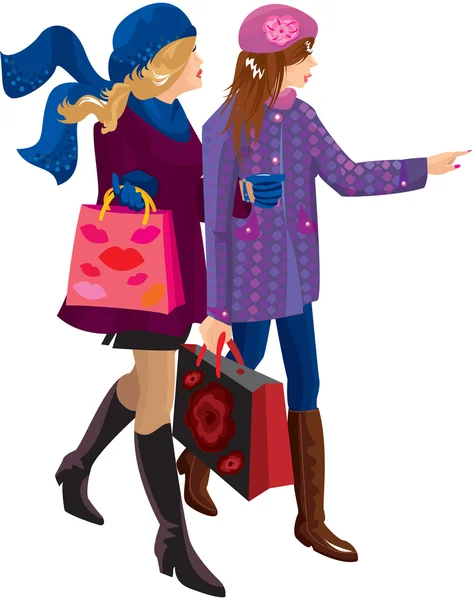 Duas meninas fazendo compras juntas — Vetor de Stock