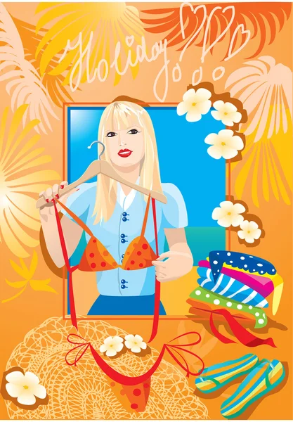 Güzel blondy kız bikini ve tatil hakkında rüya bir dene — Stok Vektör