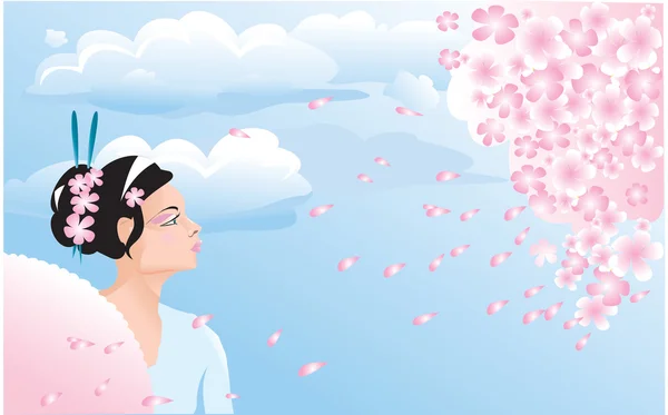Sakura flor e menina japonesa (gueixa ) — Vetor de Stock