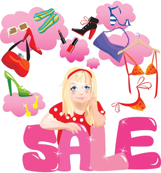 Shopping Girl prendere decisioni Cosa comprare — Vettoriale Stock